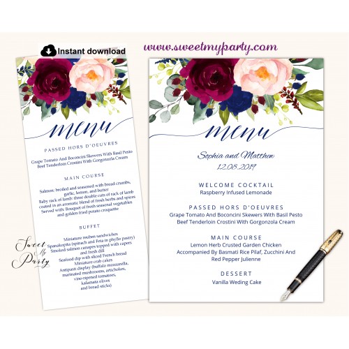 Burgundy blush navy menu cards printable template,(151)